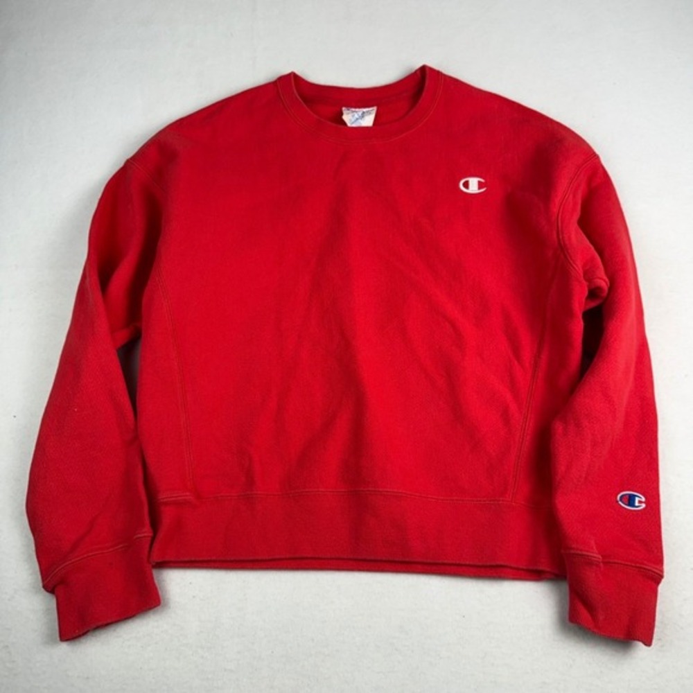 Champion Reverse Weave Sweatshirt Mens Medium Red Crewneck Pullover Logo Pinhole